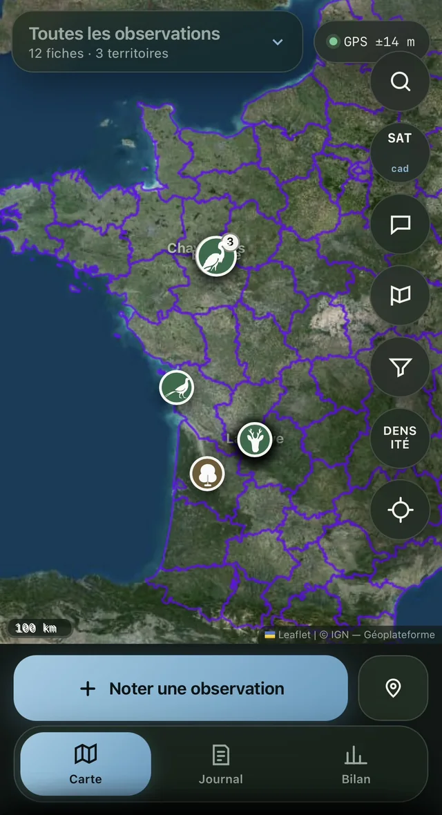 Affût: sightings plotted on the IGN satellite map